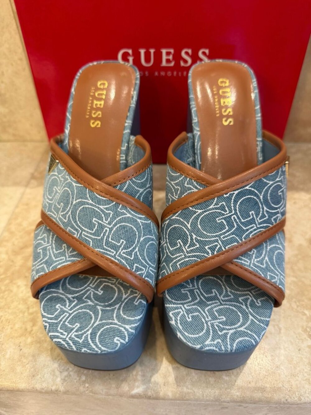 Guess Chimes3 Logo Platform Wedge Mules Light Blue 7 M with Box